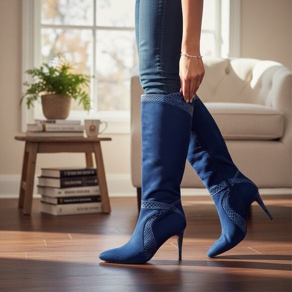 6.5 Monroe & Main royal blue suede knee-high boots with snakeskin trim chic sexy - Picture 4 of 16